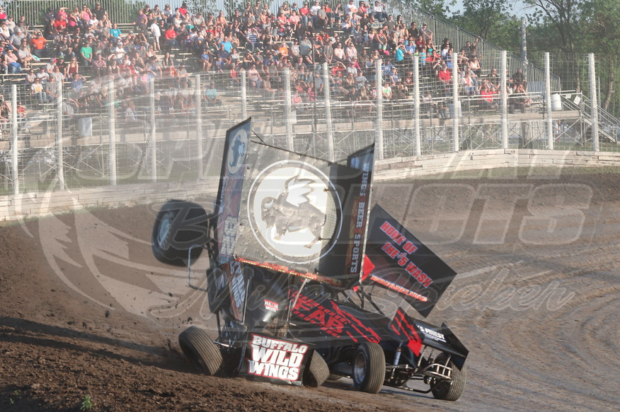 Dusty Zomer Buffalo Wild Wings Outlaw Sprint Car Crash at River Cities Speedway photos by Mike Spieker