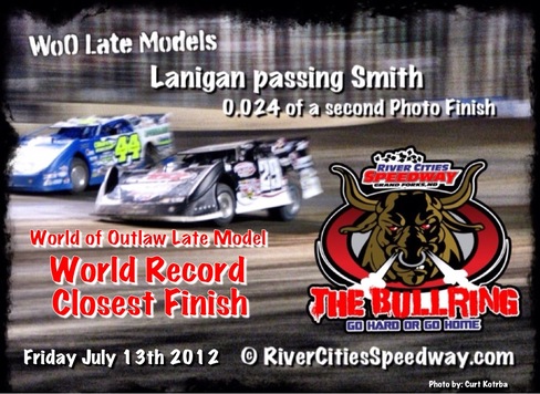 River Cities Speedway - Lanigan passing Smith that set the world record closest finish . Photo by: Curt Kotrba